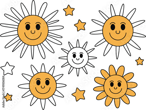 Cheerful Cartoon Sun Characters and Stars on White Background Keywords: sun, star, happy
