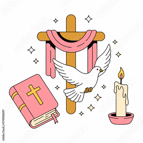 Pink Christian Cross Bible Dove and Candle Illustration