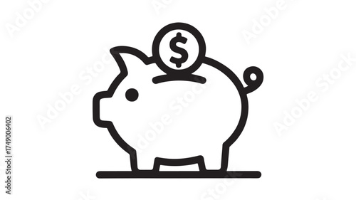 Simple line art illustration of a piggy bank with a coin, representing saving money and financial growth.