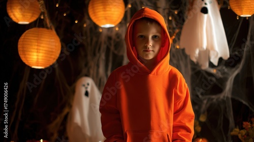 Adorable Kids Dressed in Cute Costumes Gather Around Glowing Pumpkin Lanterns on a Cozy Halloween Night, Laughing and Sharing Sweet Treats—Capturing Warm, Whimsical Moments of Childhood Joy Under the 