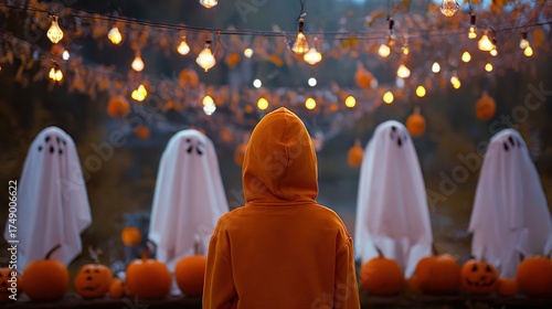 Adorable Kids Dressed in Cute Costumes Gather Around Glowing Pumpkin Lanterns on a Cozy Halloween Night, Laughing and Sharing Sweet Treats—Capturing Warm, Whimsical Moments of Childhood Joy Under the 