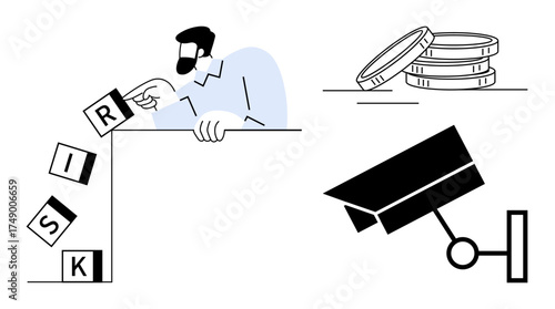 Man stacking risk blocks, surveillance camera symbolizing security, and coins representing investment. Ideal for finance, security, decision-making, surveillance, economics, risk management