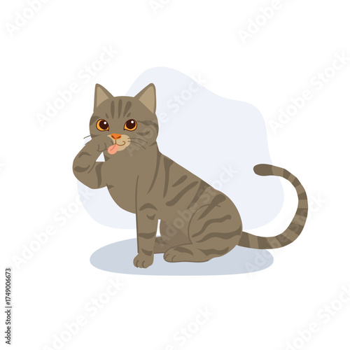 cute tabby cat licking paw, brown striped cat grooming itself, adorable domestic pet cartoon artwork for animal lovers and cat themed