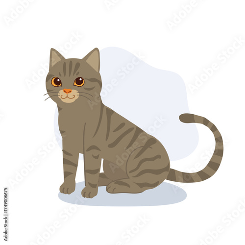 gray tabby cat illustration showing a friendly american shorthair sitting calmly indoors perfect for pet themed design