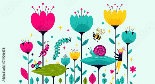 Whimsical Garden Scene with Flowers, Insects, and a Snail.