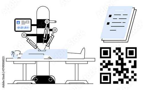 Robotic arms performing surgery on patient with monitoring screen, documents, and QR code. Ideal for healthcare, technology, data sharing, innovation, automation, medical advancement simple flat