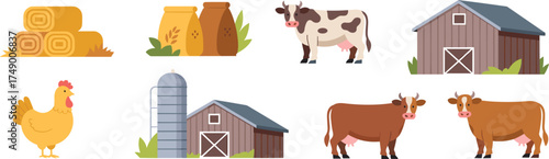 Collection Of Farm Animals And Buildings With Hay And Grain Bags barn silo