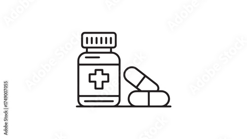 Simple line art illustration of a medicine bottle and capsules, representing health and treatment.