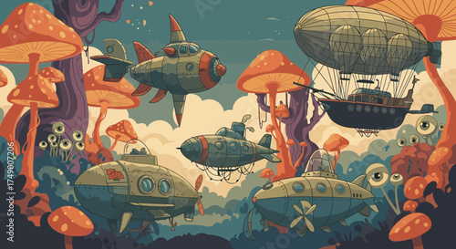 Whimsical Underwater World with Airships and Mushroom-like Structures.