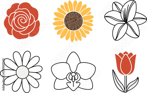 Collection of six stylized flowers in flat design style Keywords: flower, floral, rose
