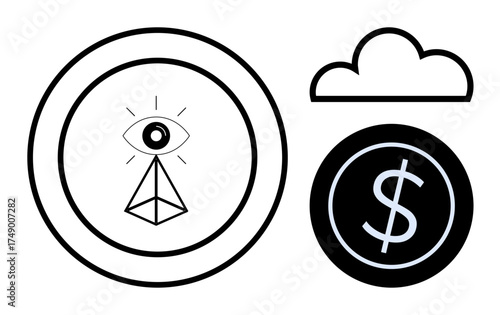 Geometric pyramid with eye in circle, floating cloud, and dollar symbol in black circle. Ideal for finance, vision, surveillance, technology, data wealth creativity. Simple flat metaphor
