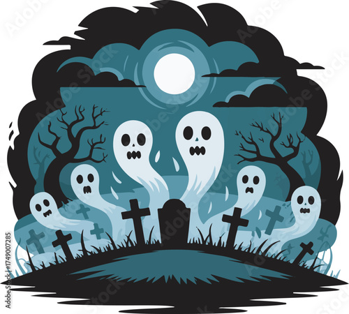 Eerie Graveyard Scene with Ghosts, Tombstones, and Full Moon for All Hallows' Eve