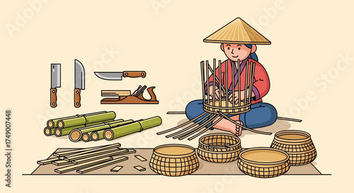 Woman Weaving Basket with Bamboo and Tools in Traditional Style.