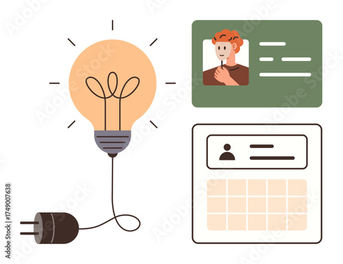 Light bulb with cord next to ID card and calendar layout. Ideal for innovation, identity, planning, organization, project management, scheduling, and inspiration. Simple flat metaphor