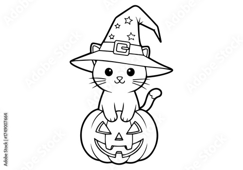 Adorable kitten witch on a carved pumpkin, a printable Halloween coloring page for children's activity. 5