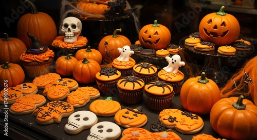 Delicious Halloween Treats Pumpkins and Cupcakes Festive Display