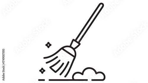 Simple line art illustration of a broom cleaning dust and sparkle.