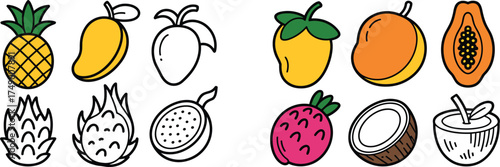 Colorful and Outline Tropical Fruits Collection on White Background Keywords: pineapple, mango