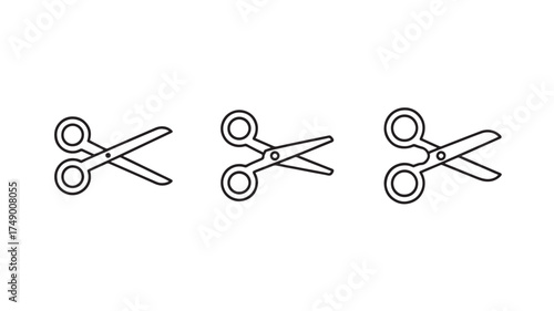 Three simple outline illustrations of scissors in various open positions on a white background.