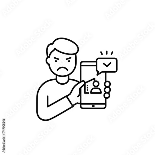 Angry Man Holding Smartphone Showing Notification Icon.