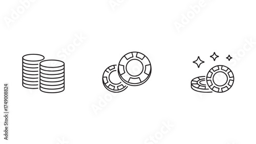 Simple line art icons representing coins and casino chips for financial and gaming themes