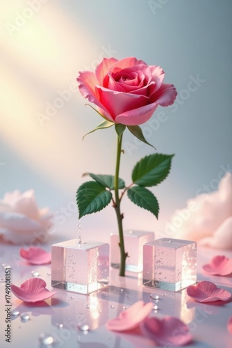 A single pink rose emerges from transparent cubes, surrounded by delicate rose petals and glistening water droplets, bathed in soft, ethereal light.