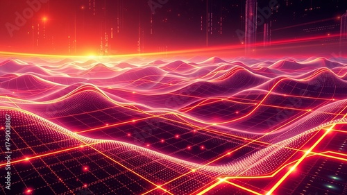 Digital landscape presents neon grids and glowing particles, creating a futuristic and technologically advanced network visualization in warm red color scheme.