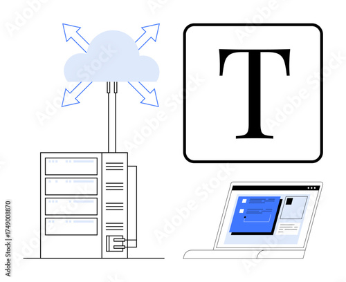 Server connected to cloud with arrows, highlighted T for typography, laptop showing text layout interface. Ideal for tech, cloud computing, typography, data sharing, connectivity, web design simple