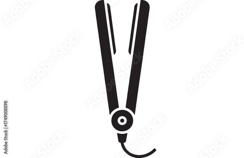 Sleek black hair straightener with cord on white background, graphic icon