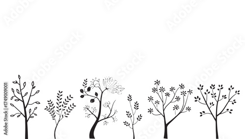 Delicate line art trees with sparse foliage against a clean white background