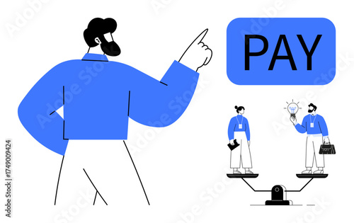 Large man pointing at PAY text, woman and man on scale representing wage disparity. Ideal for equality, salary, balance, feminism, HR, social justice, simple flat metaphor