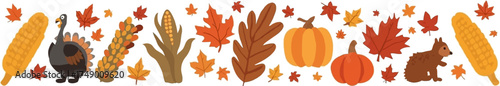 A festive autumn border featuring a turkey, corn, leaves, pumpkins, and a squirrel, perfect for seasonal designs and celebrations.