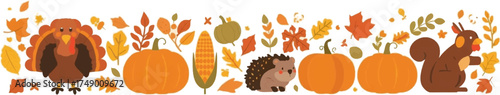 Autumnal illustration with turkey, pumpkins, squirrel, hedgehog, and corn. Perfect for fallthemed designs, thanksgiving projects, and seasonal promotions.