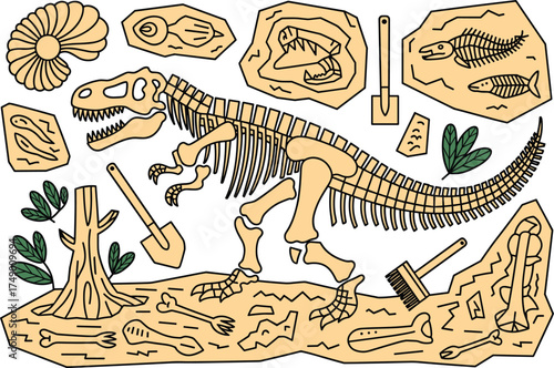 Dinosaur skeleton and paleontological excavation site illustration Keywords: dinosaur, skeleton