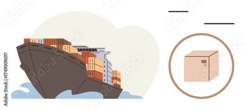 Cargo ship carrying stacked containers on water, separate package icon highlighting logistics concept. Ideal for global trade, shipment, supply chain, importexport, freight, commerce, simple flat