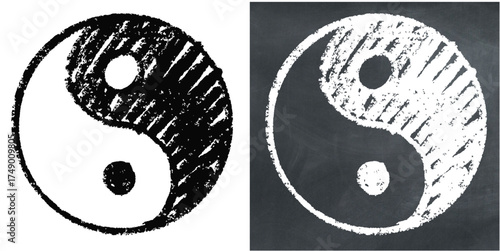 Chalk hand-drawn yin yang vector. Ideal for balance, harmony, and philosophy themes. This graphic symbolizes duality, opposite forces, and peace with a unique, sketchy aesthetic.