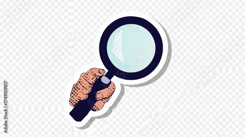 Close up of hand with magnifying glass on checkered background. Perfect for detective themes, research concepts, and exploring ideas visually.