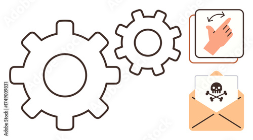 Gear wheels represent processes, hand gesture suggests troubleshooting, and malicious email with a skull warns of system threats. Ideal for security, repair, management, caution, process