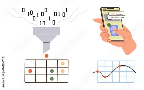 Funnel filtering binary code into structured data, mobile phone receiving OTP, and charts visualizing trends. Ideal for data analysis, AI, cybersecurity, authentication, machine learning, technology