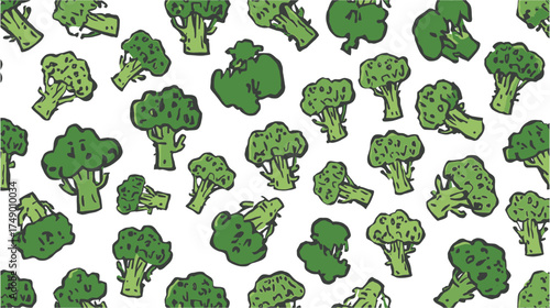 Repeating pattern of stylized green broccoli florets scattered, suitable for food blogs, cooking websites, healthy eating promotions, and recipes.