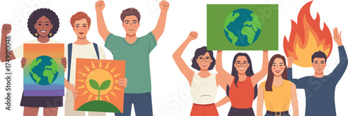 Diverse group of people holding signs for environmental protection and peace Keywords: people