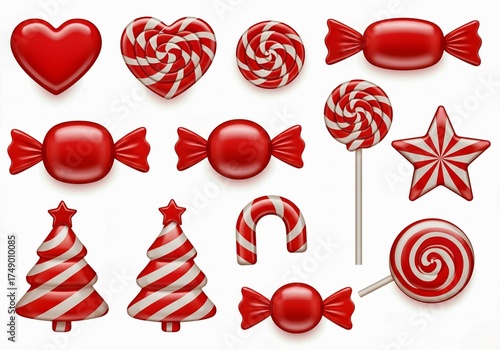 set of candy canes, Candy canes red clipart set. Candy cane, lollipop and peppermint candy clip art collection with shape and pattern like spiral, stripes, swirl, pine tree, heart and star for Christm