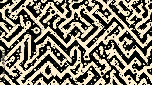 Mazelike abstract pattern design in black and white. Suitable for backgrounds, prints, and graphic design projects needing a unique twist.