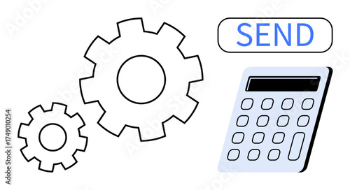 Cogs symbolizing processes, a calculator for computation, and a send button for action. Ideal for automation, business efficiency, calculation, technology, finance, communication productivity