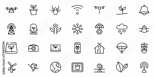Inspiring Line Icons Collection: Modern Farming, Smart Technology, and Sustainable Living Symbols for Business and Creative Projects, Clean Line Art, Fresh Design