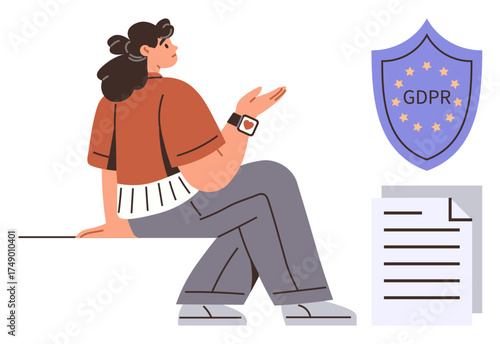 Woman sitting, gesturing towards GDPR shield and document. Ideal for data privacy, legal compliance, cybersecurity, business ethics, governance, information security, simple flat metaphor