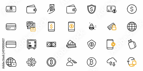 Modern finance and investment icons symbolizing digital payments, money security, and global transactions for banking, investment, business and finance