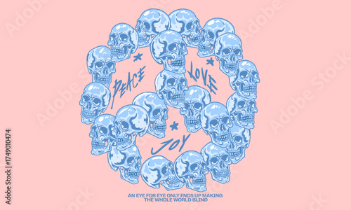 Vintage illustration of a peace sign made from human skulls. Retro artwork with Peace Love Joy quote for t shirt print