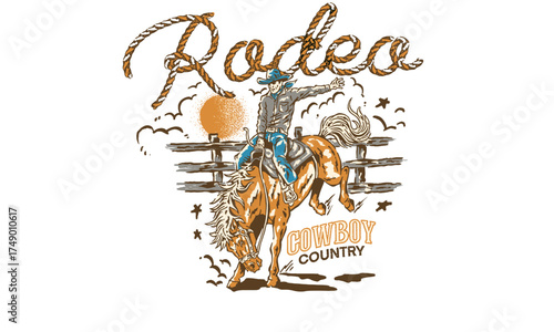 Vintage rodeo illustration of a cowboy on a bucking horse. Retro cowboy country artwork for t shirt print, event poster