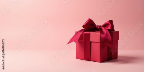 A crimson gift box with a luxurious satin ribbon, elegantly presented against a soft pink backdrop, symbolizes thoughtful appreciation and celebratory gifting